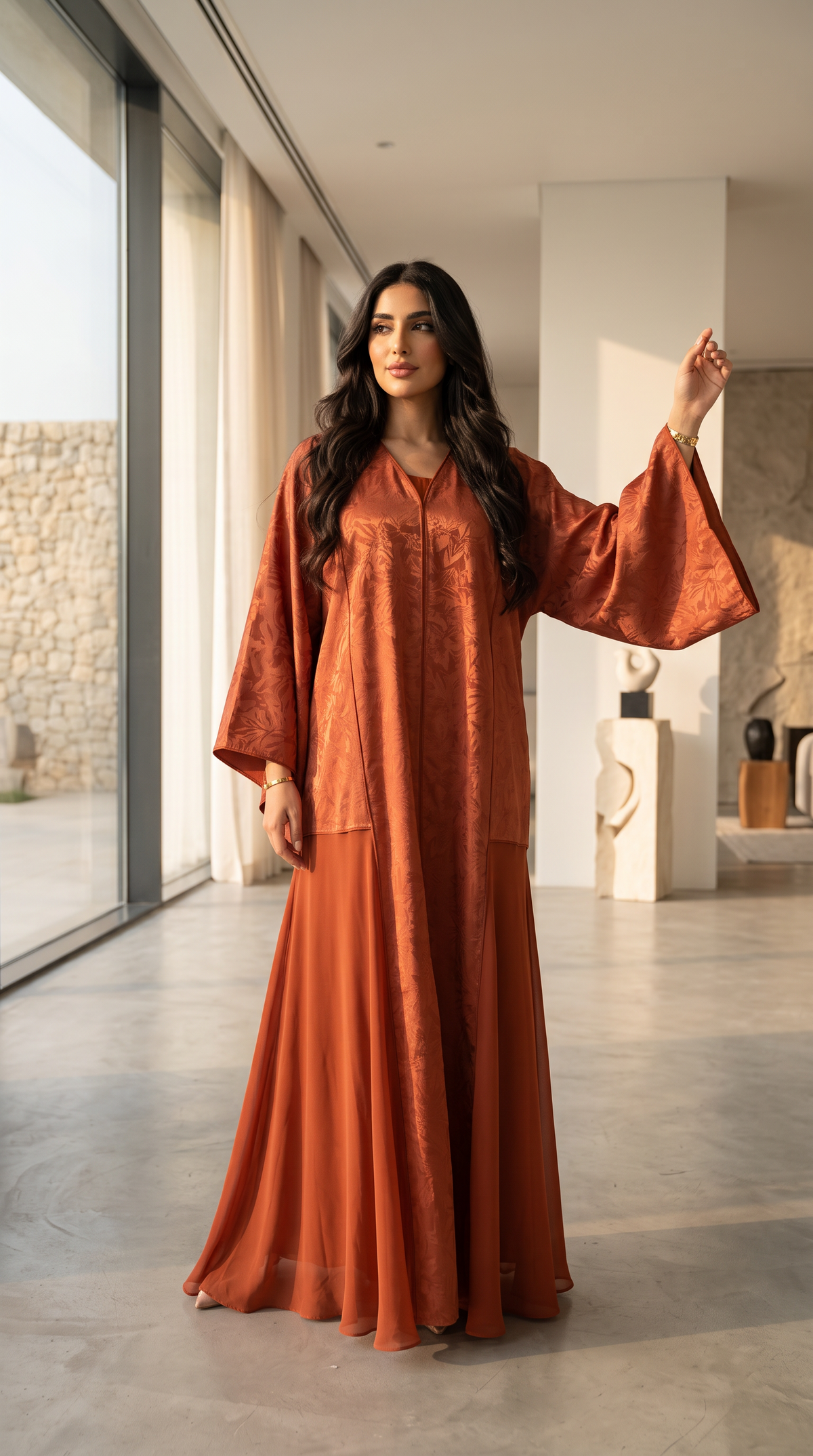 Lustre Damask Abaya — Orange