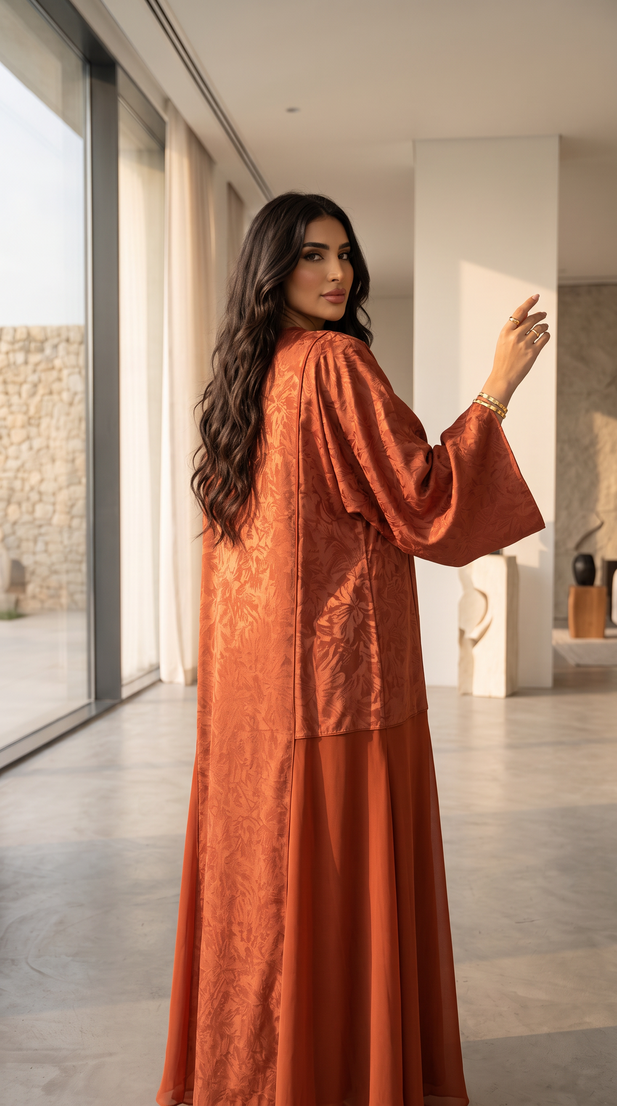 Lustre Damask Abaya — Orange