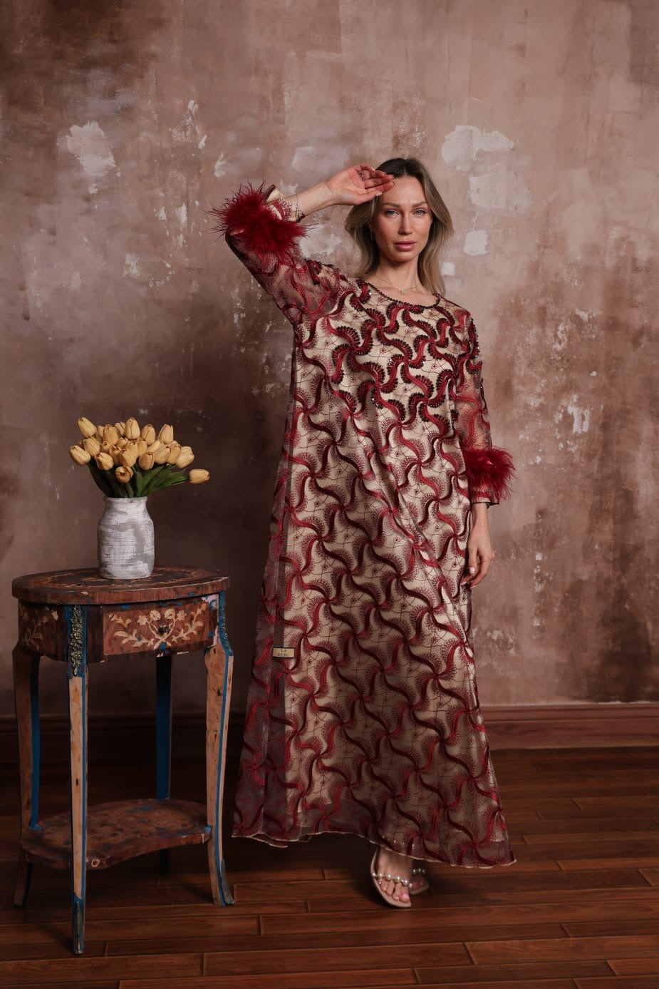 Plume Cascade Dress — Burgundy