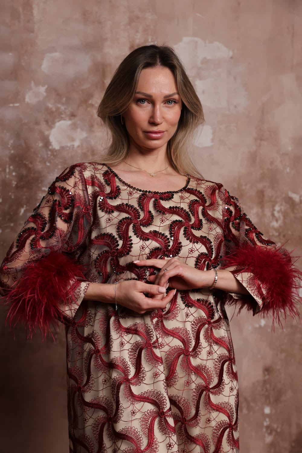Plume Cascade Dress — Burgundy