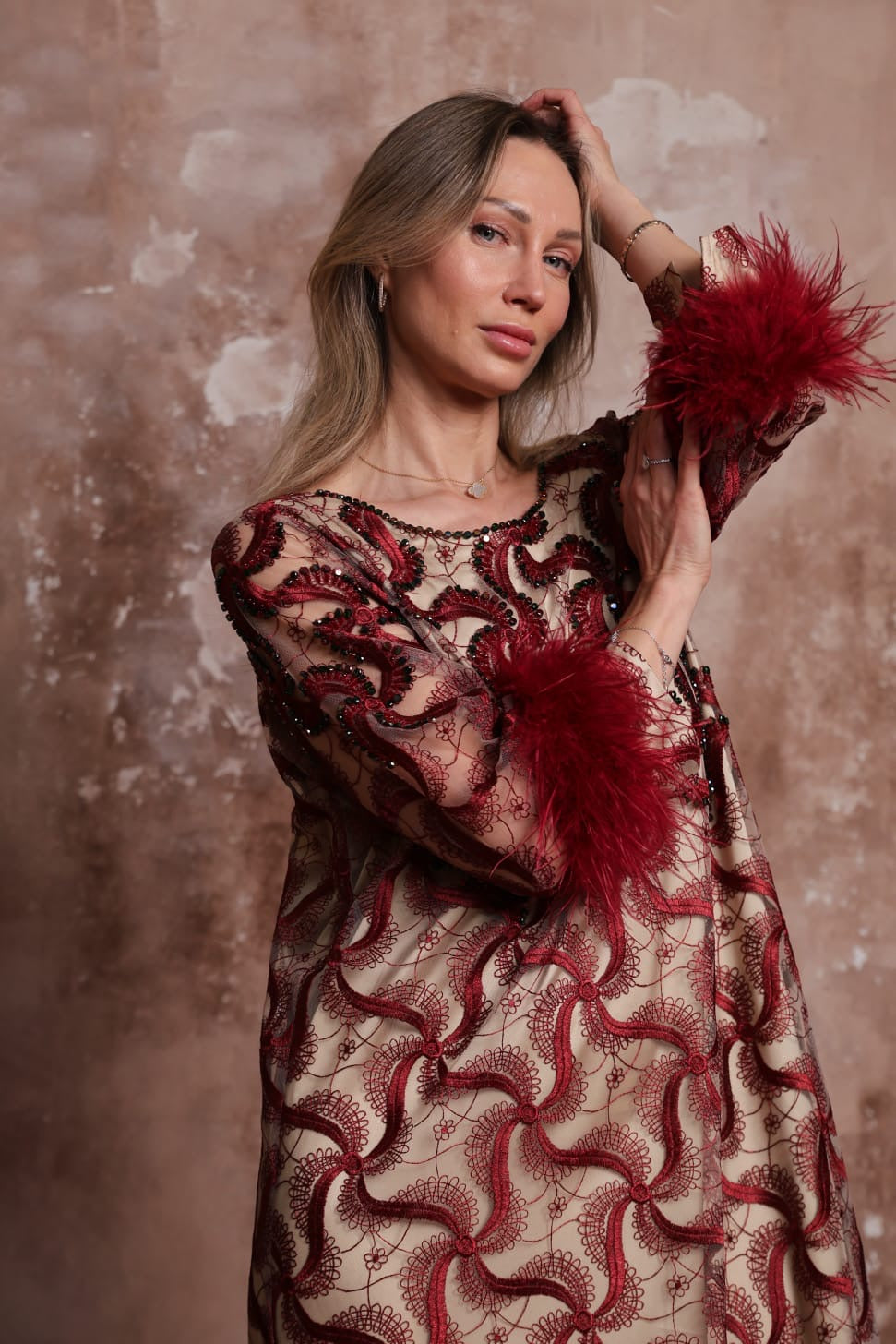 Plume Cascade Dress — Burgundy