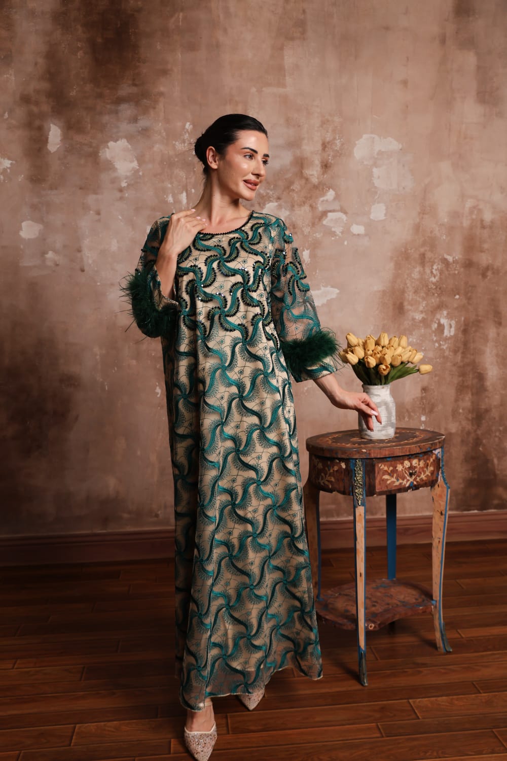 Plume Cascade Dress — Emerald