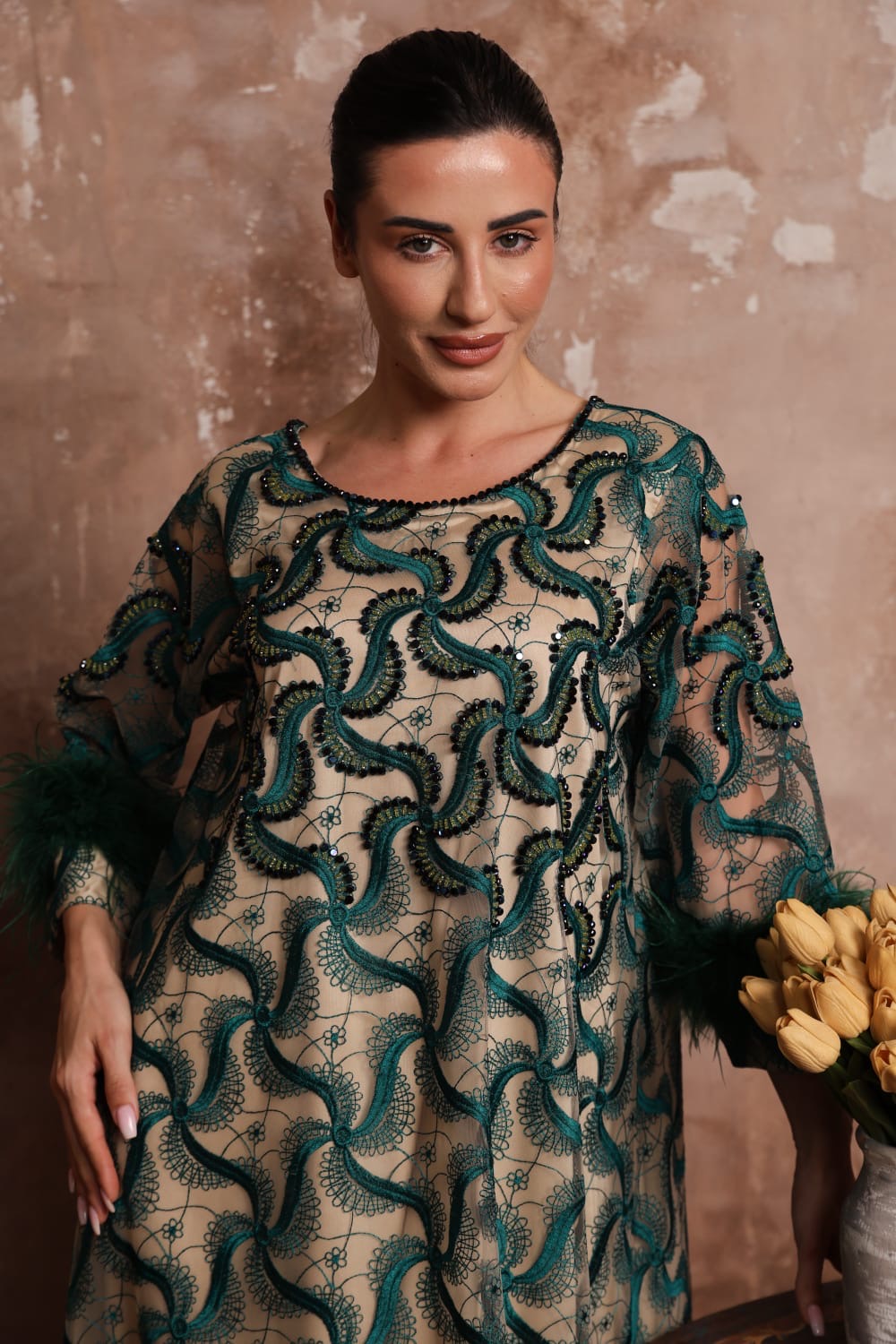 Plume Cascade Dress — Emerald