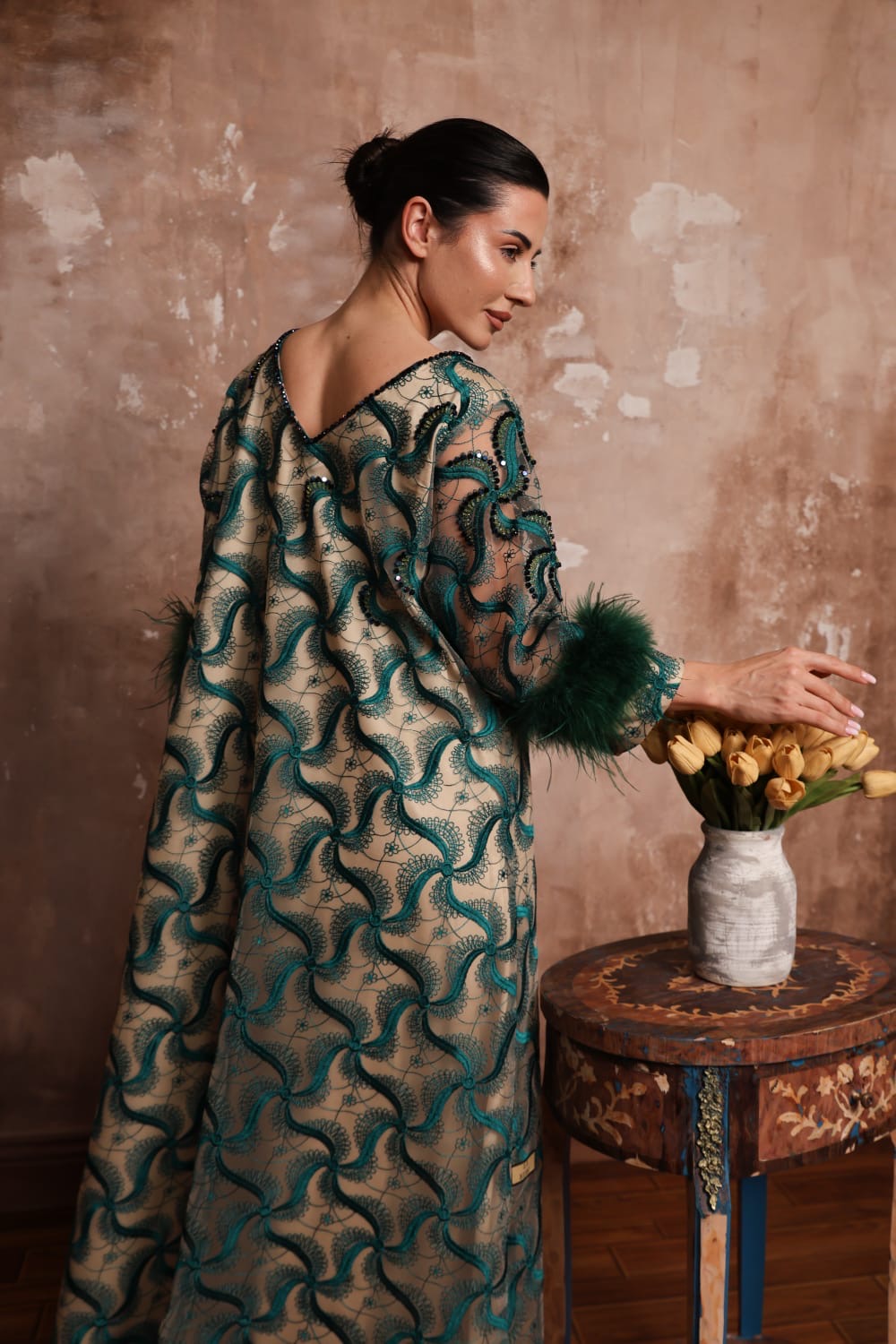 Plume Cascade Dress — Emerald